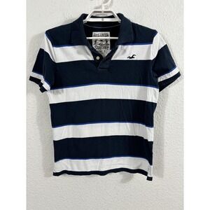 Hollister Polo Shirt Mens Small Blue White Striped Y2K Style Logo Surf Shop